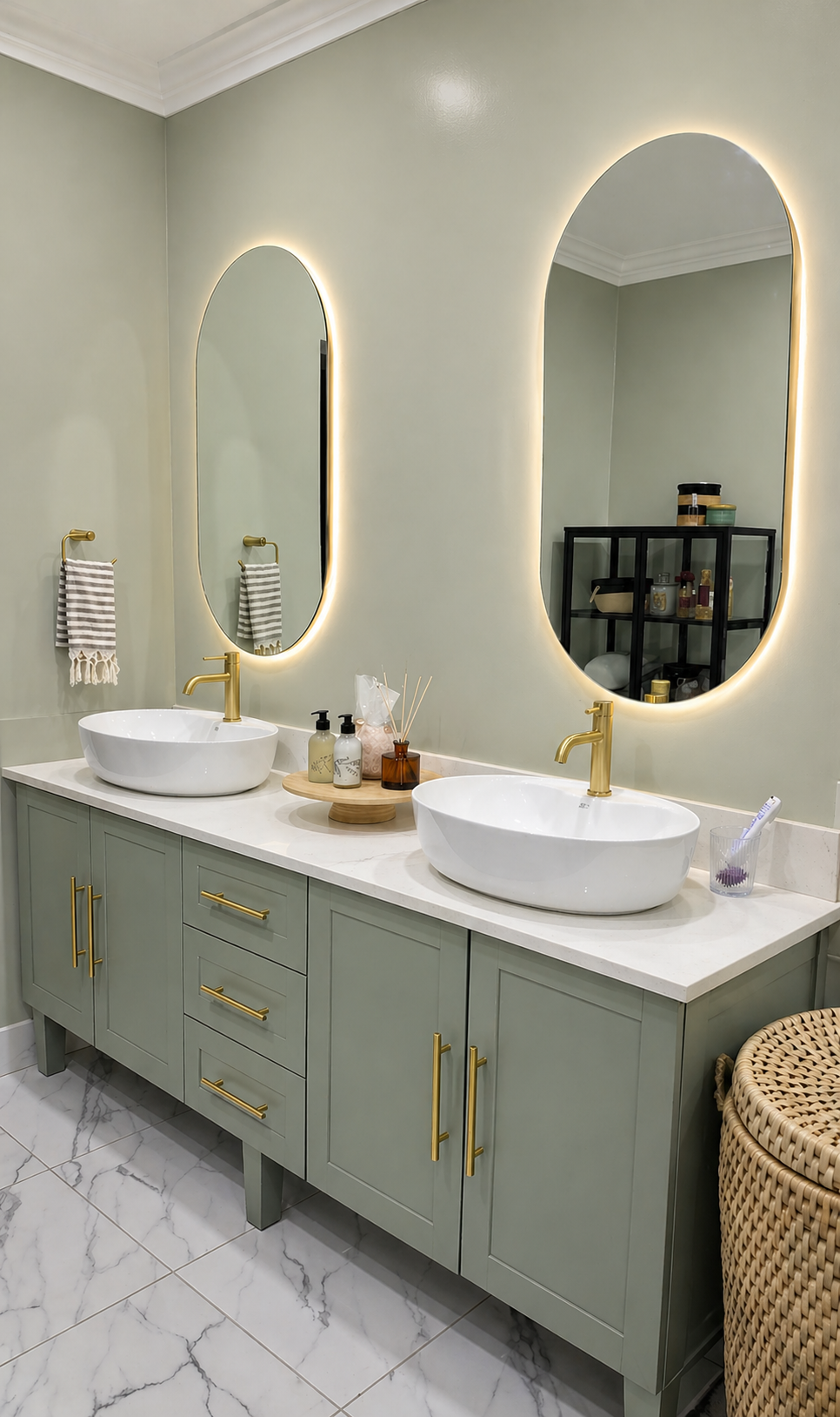 Double Vanity , sage green w/ magnolia Quartz top